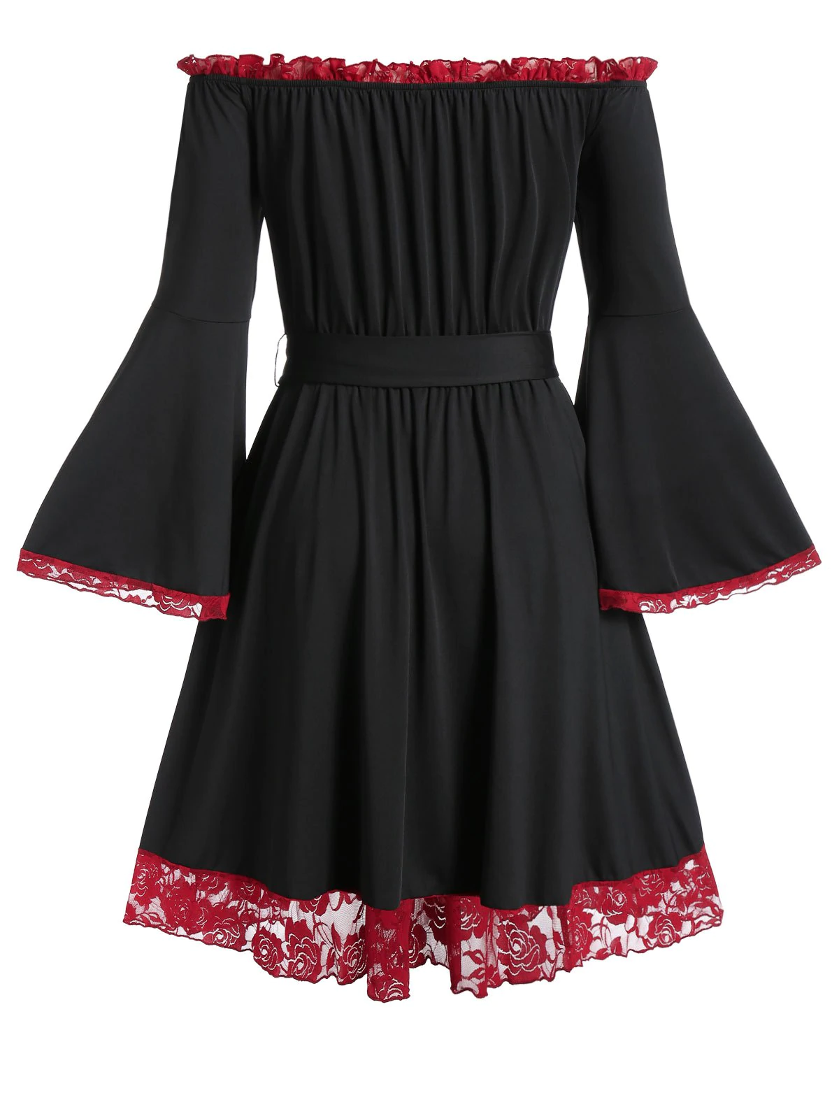 Plus Size Lace Trim Bell Sleeve Off The Shoulder Dress