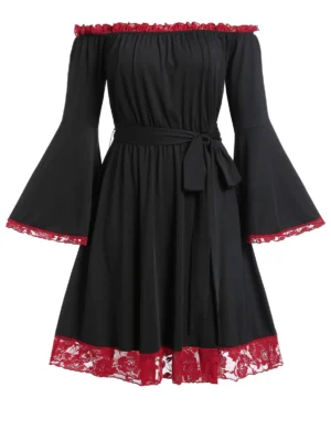Plus Size Lace Trim Bell Sleeve Off The Shoulder Dress