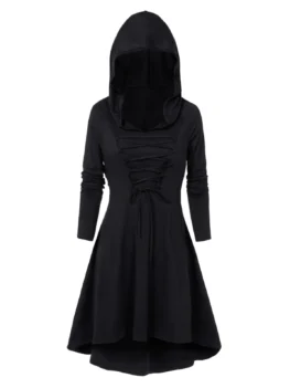 Hooded Lace-up Heathered High Low Gothic Dress