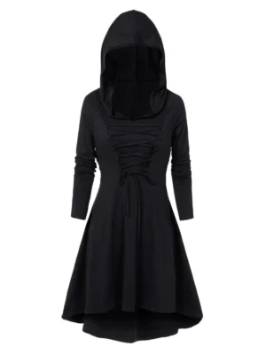 Hooded Lace-up Heathered High Low Gothic Dress