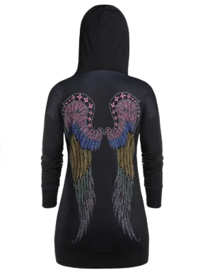 Plus Size Lace Up Wing Print Kangaroo Pocket Hoodie