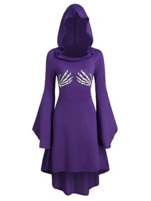 Skeleton Print Lace Up Halloween Hooded Dress