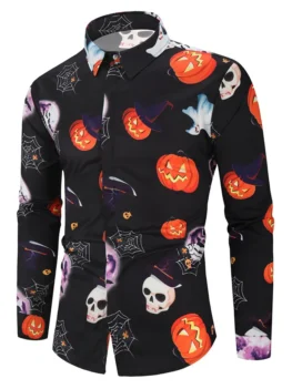 Halloween Pumpkin Skull Ghost Spider Moon Pattern Print Shirt