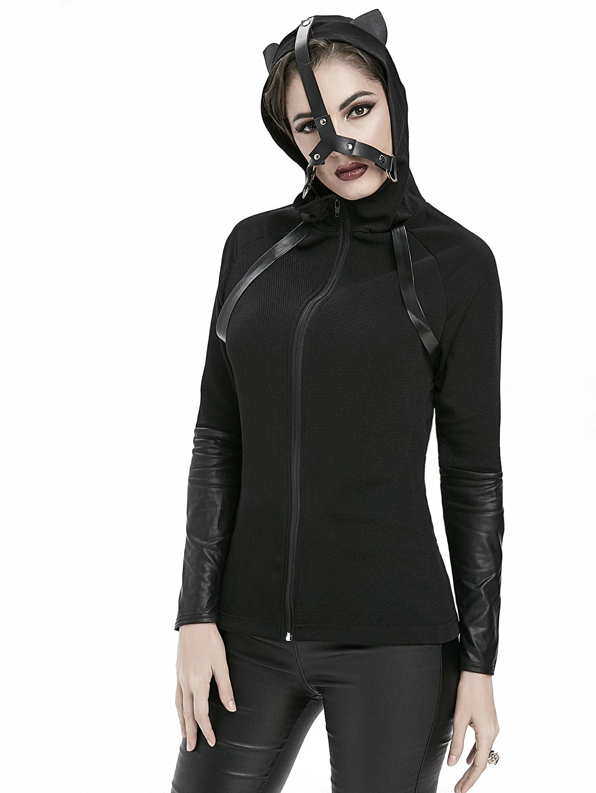 Gothic Cat Ear PU Insert Fitted Hooded Jacket