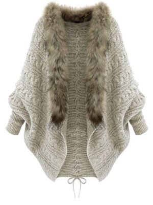 Faux Fur Trim Lace Up Batwing Sleeve Cardigan
