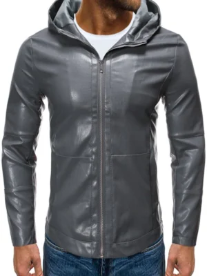 Solid Color False Leather Hooded Jacket