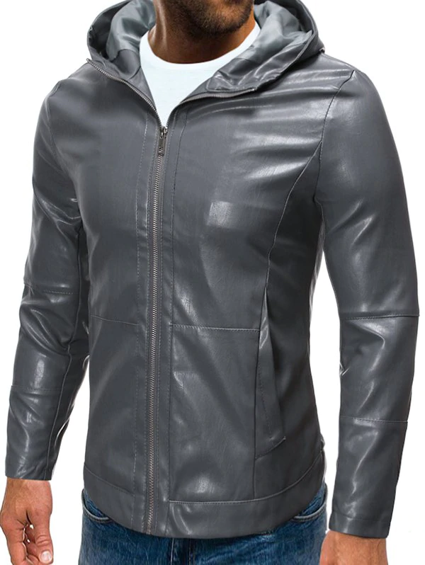 Solid Color False Leather Hooded Jacket