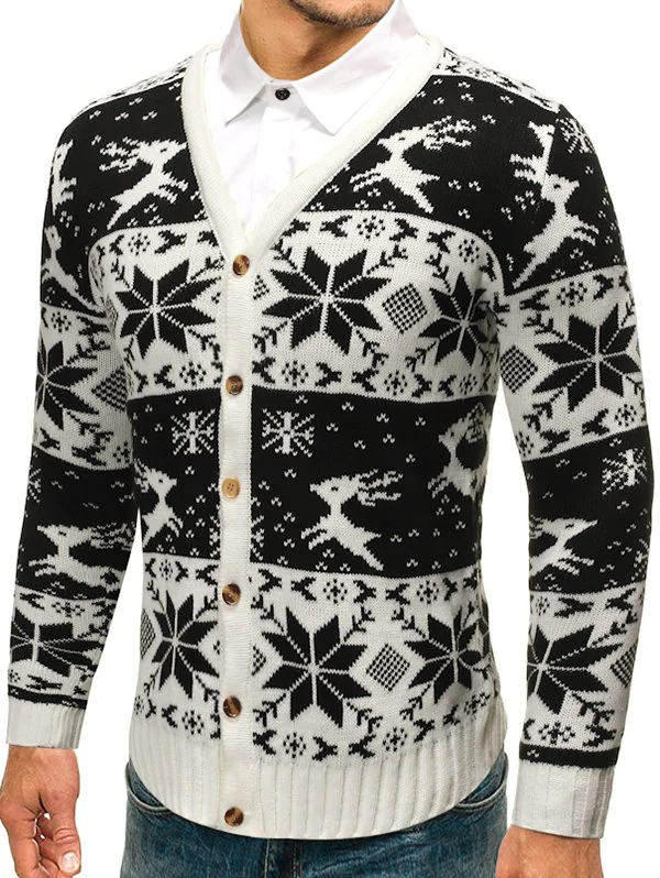 Christmas Elk Snowflake Jacquard Print Button Knitted Cardigan