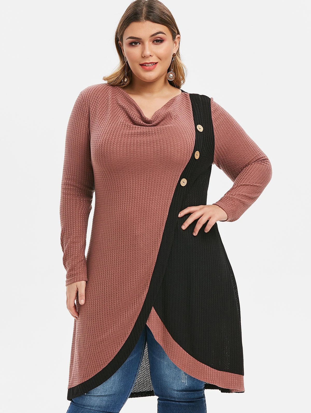 Plus Size Cowl Neck Two Tone Long Knitted Sweater