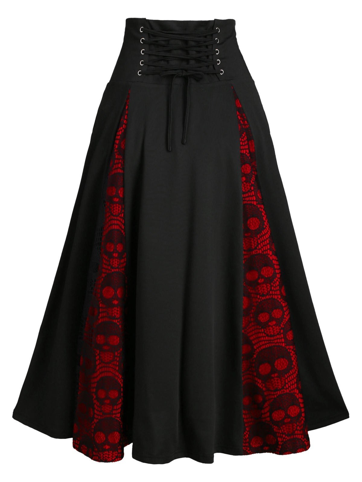 Halloween Skull Lace Insert Lace-up Mock Button Midi Skirt