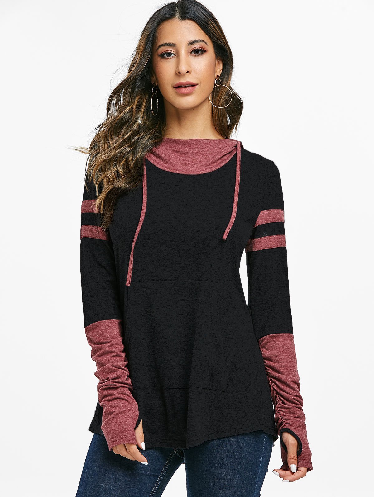 Hooded Kangaroo Pocket Ruched Contrast Heathered T-shirt