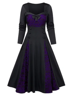 Halloween Skull Lace Insert Mock Button Bowknot Dress