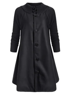 Button Up Raglan Sleeves Knitted Panel Coat