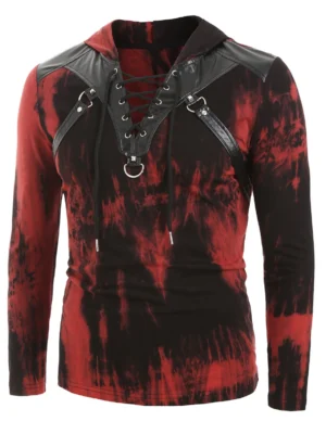 Tie Dye Print Lace-up Faux Leather Insert Hoodie