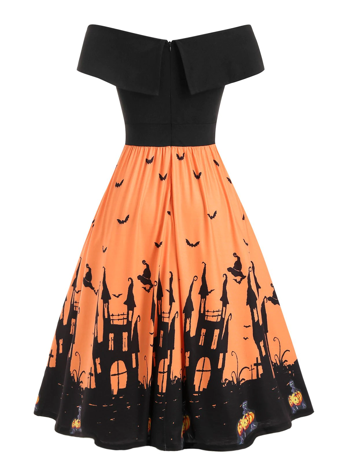 Off Shoulder Pumpkin Bat Flared Halloween Dress