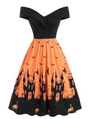 Off Shoulder Pumpkin Bat Flared Halloween Dress