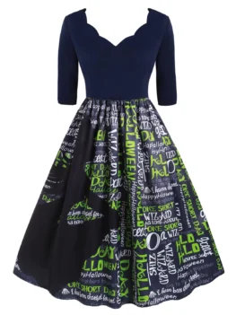 Plus Size Vintage Halloween Letter Print Flare Dress