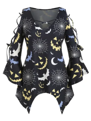 Cobwebs Print Halloween Lattice Criss Cross Plus Size Top