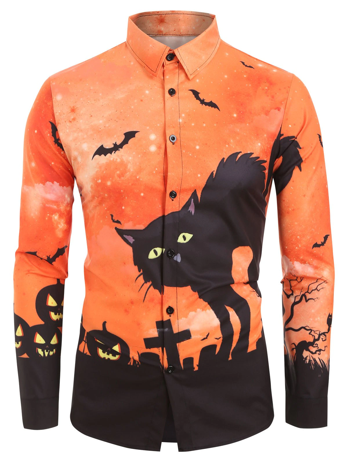 Halloween Cat Bat Print Long Sleeves Shirt