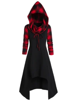 Hooded Plaid High Low Convertible Midi Dress