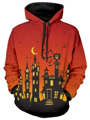 Halloween Castle Moon Pumpkin Print Pullover Hoodie