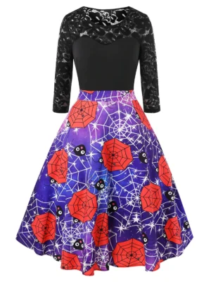 Plus Size Vintage Galaxy Spider Web Print Halloween Party Dress