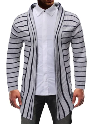 Striped Design Open Front Knitted Hooded Cardigan