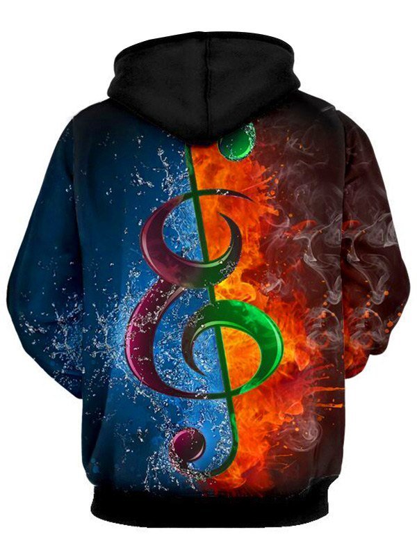Water and Fire Music Note Print Drawstring Hoodie