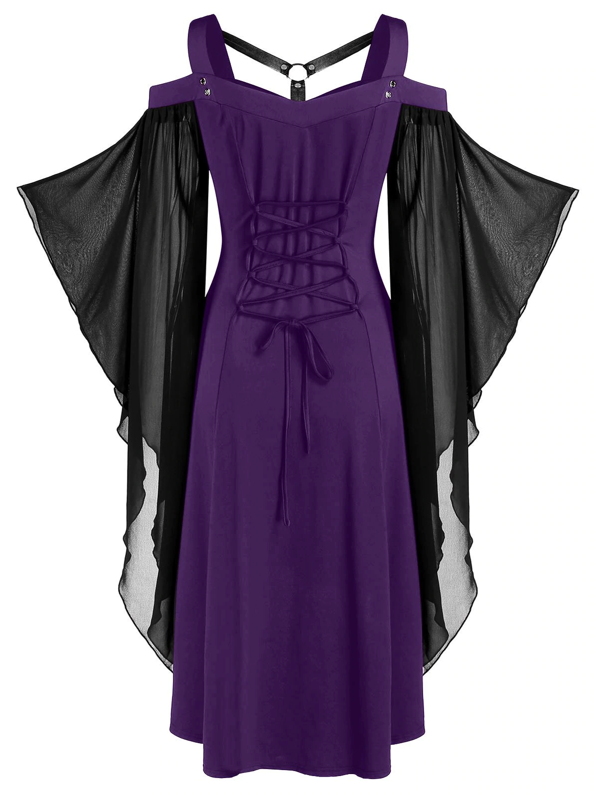Chiffon Batwing Sleeve Lace-up Harness Insert High Low Dress
