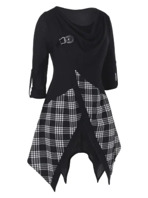 Plus Size Asymmetric Cowl Neck Plaid Front Slit Tunic Sweater
