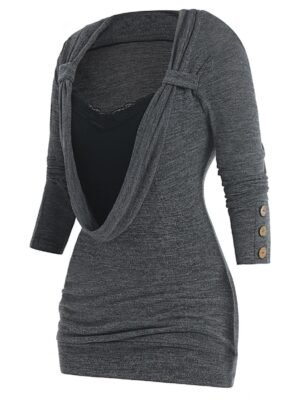 Plus Size Lace Panel Button Embellished Heathered Faux Twinset