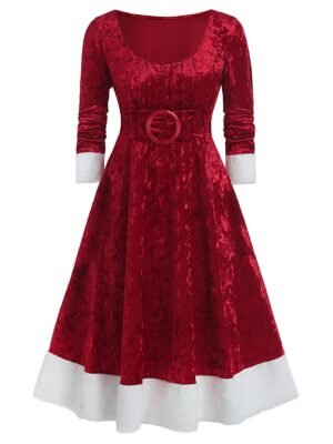 Plus Size Christmas Bowknot Embellished Contrast Velvet Midi Dre