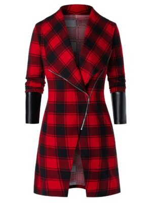 Plus Size Asymmetric Zip Plaid PU Leather Panel Tunic Coat