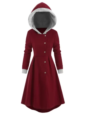 Snap Button Fur Trim Skirted Hooded Coat