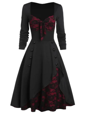 Flower Lace Insert Mock Button Bowknot Vintage Dress