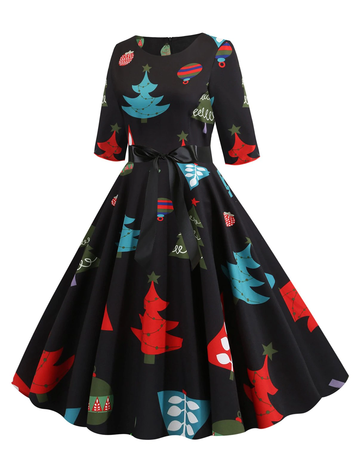 Christmas Tree Print Belted Half Sleeve Dress