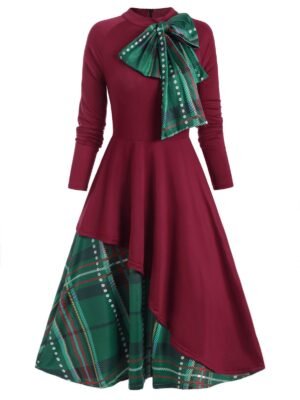 Plaid Contrast Bowknot Long Sleeves Overlay Dress