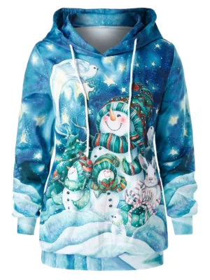 Plus Size Snowman Print Christmas Long Sleeve Hoodie