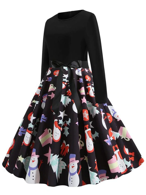 Christmas Ball Gift Print Belted Party Dress