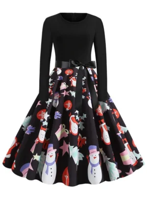 Christmas Ball Gift Print Belted Party Dress