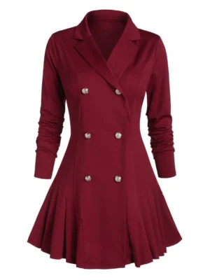 Double Breasted Lapel Pleated A Line Skirted Coat