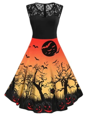 Halloween Pumpkin Bat Print Lace Insert Sleeveless Dress