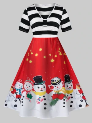 Plus Size Snowman Print Christmas Fit And Flare Vintage Dress