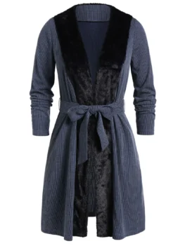 Plus Size Open Faux Fur Panel Belted Coat