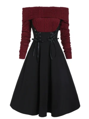 Lace Up Cable Knit Mixed Media Off Shoulder Dress