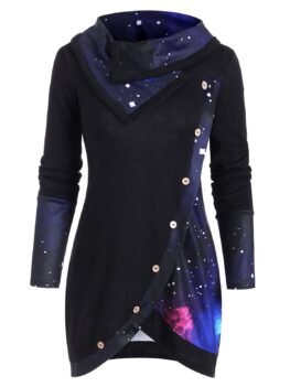 Cowl Neck Galaxy Print Panel Tunic Sweater