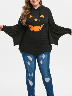 Plus Size Batwing Sleeve Printed Tunic Hoodie