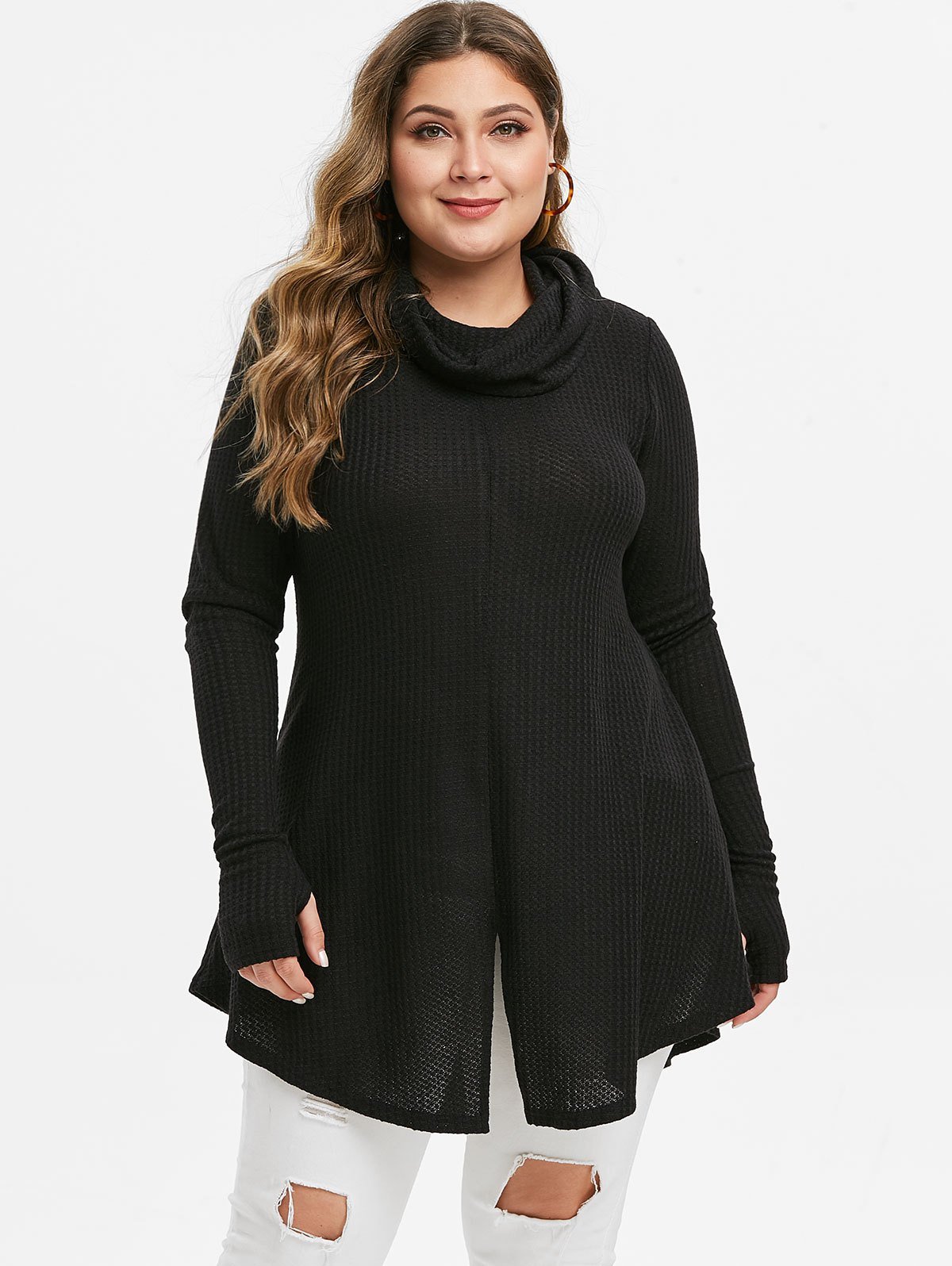 Plus Size Cowl Neck Slit Tunic Knitwear