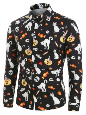 Halloween Pumpkin and Cat Print Button Up Long Sleeve Shirt