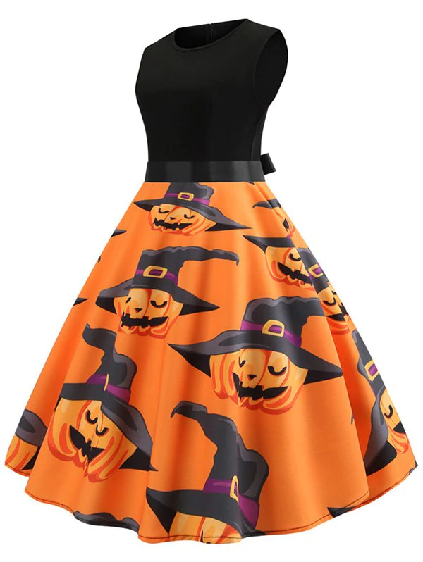 Pumpkin Print Belted Sleeveless Halloween Dress